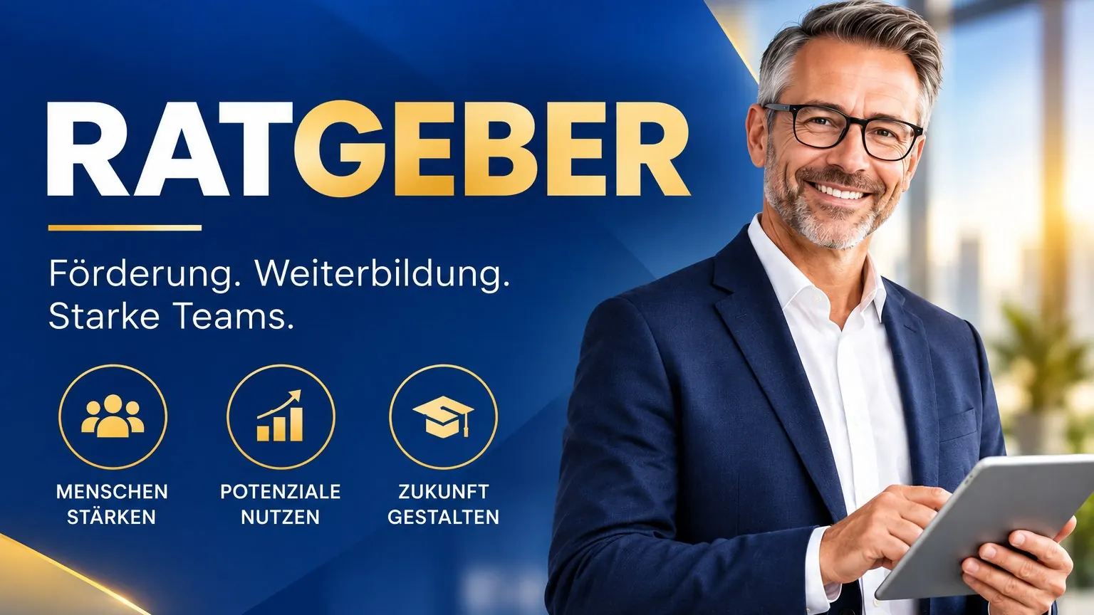 Ratgeber-Banner: Förderung, Weiterbildung und starke Teams – Berater mit Tablet